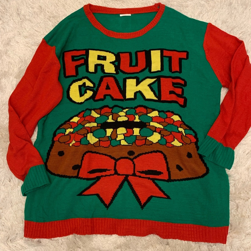 Red, green Christmas fruitcake sweater. Super fun, sweater contest ready! Unisex